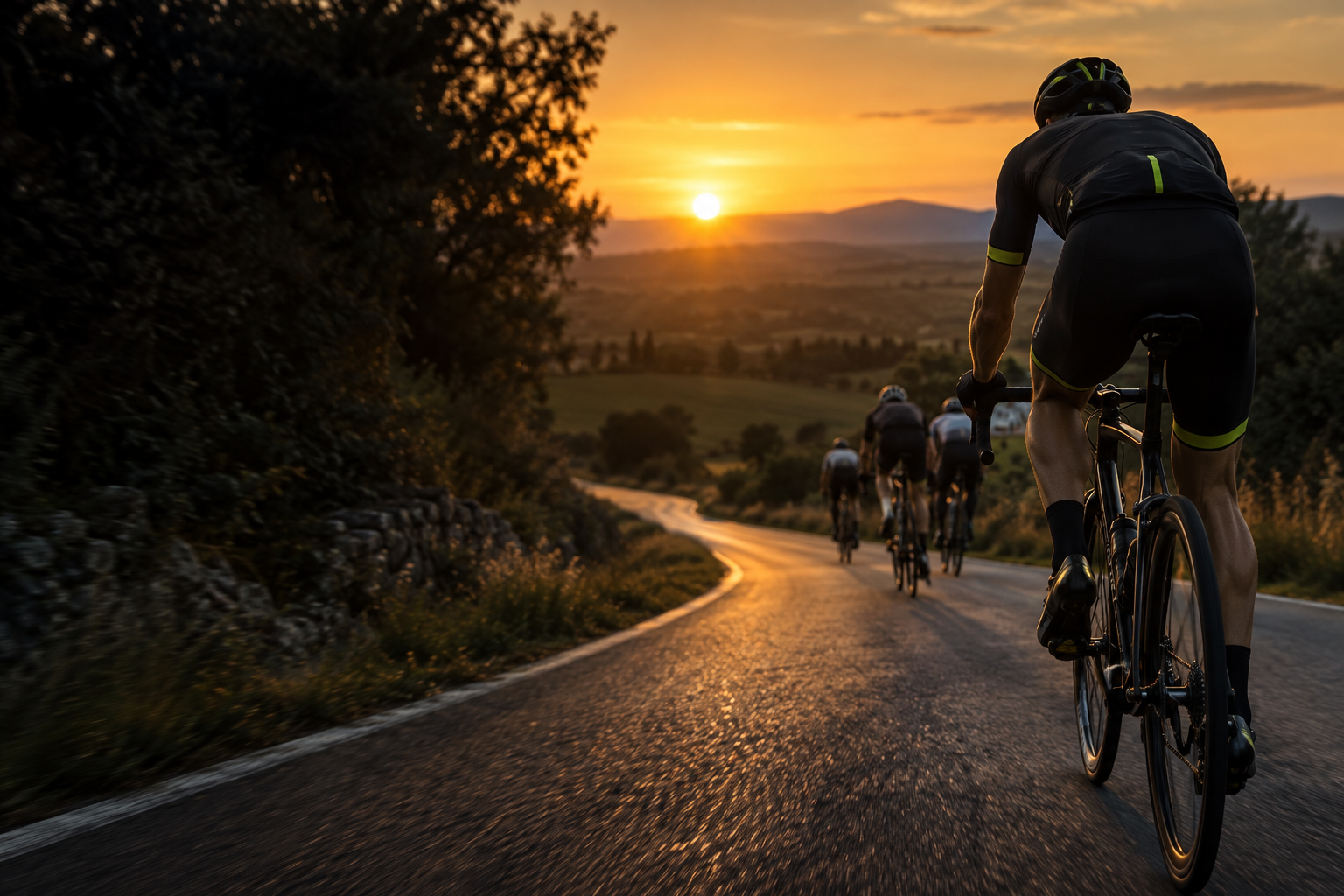 Imagem conceitual de ciclismo de estrada ao pôr do sol